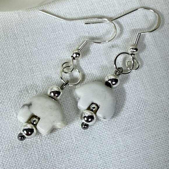 White Howlite Bear Dangle Earrings 925 Sterling Silver - Picture 3 of 6